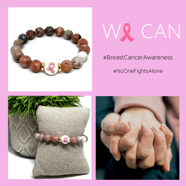Breast Cancer Awareness Marbled Agate Gemstone Stretch Bracelet