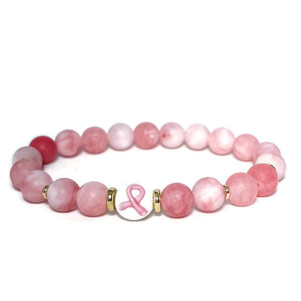Breast Cancer Awareness Frosted Jade Gemstone Stretch Bracelet