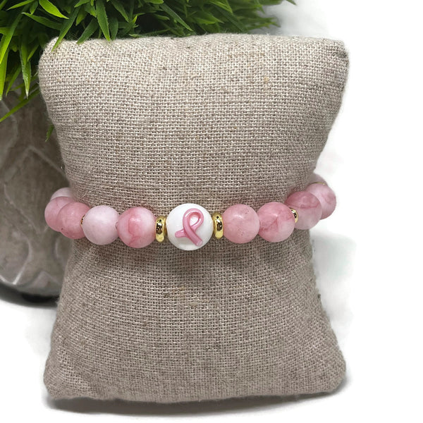 Breast Cancer Awareness Frosted Jade Gemstone Stretch Bracelet