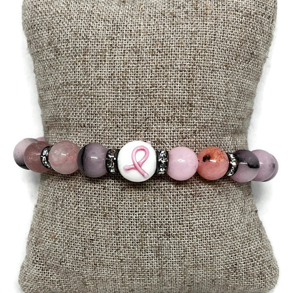 Breast Cancer Awareness Cherry Blossom Jasper Gemstone Stretch Bracelet