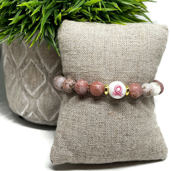 Breast Cancer Awareness Marbled Agate Gemstone Stretch Bracelet