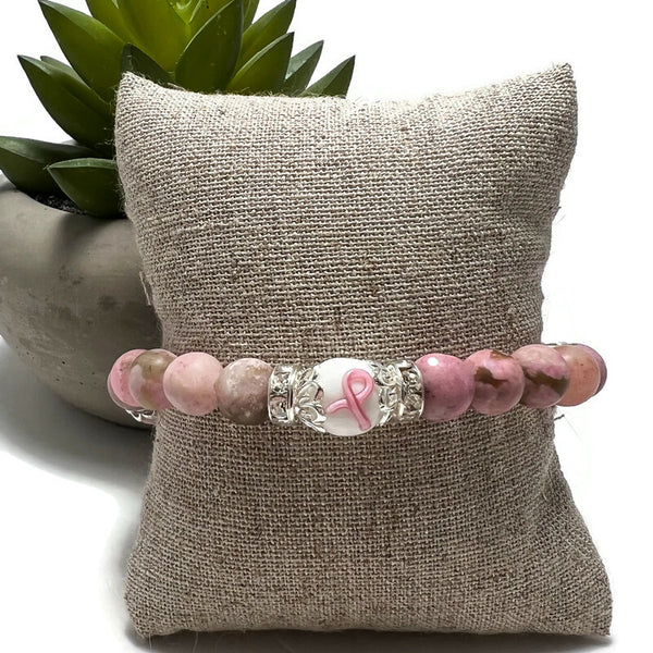 Breast Cancer Awareness Frosted Agate Gemstone Stretch Bracelet