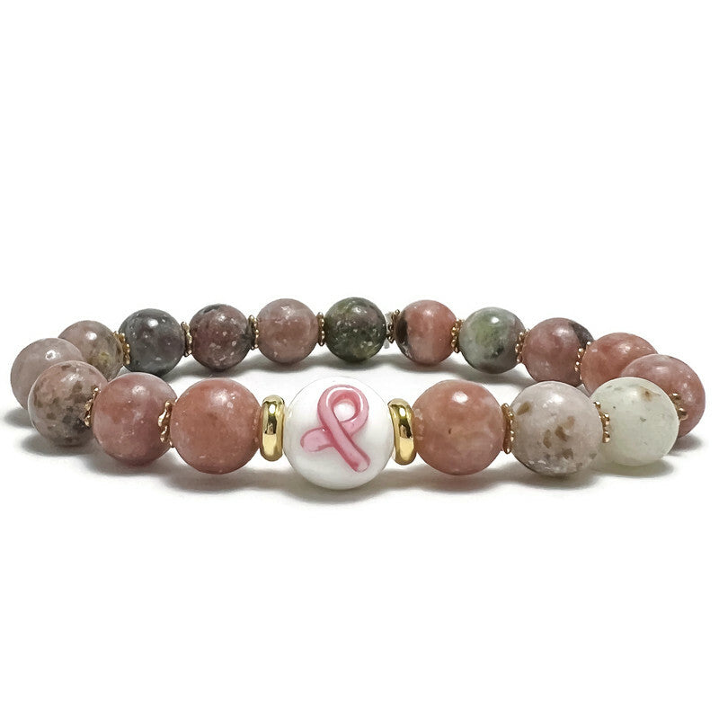 Breast Cancer Awareness Marbled Agate Gemstone Stretch Bracelet