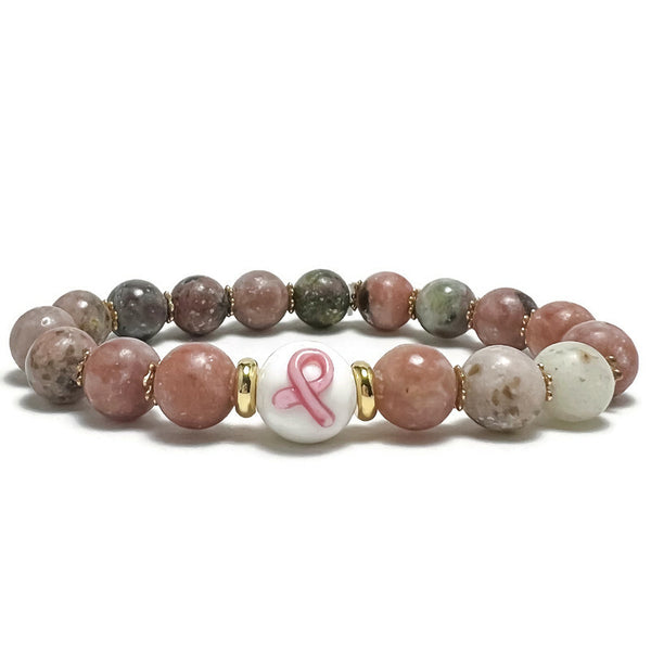 Breast Cancer Awareness Marbled Agate Gemstone Stretch Bracelet