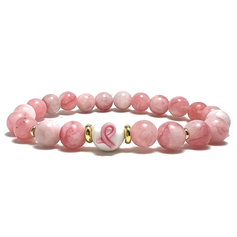 Breast Cancer Awareness Frosted Jade Gemstone Stretch Bracelet