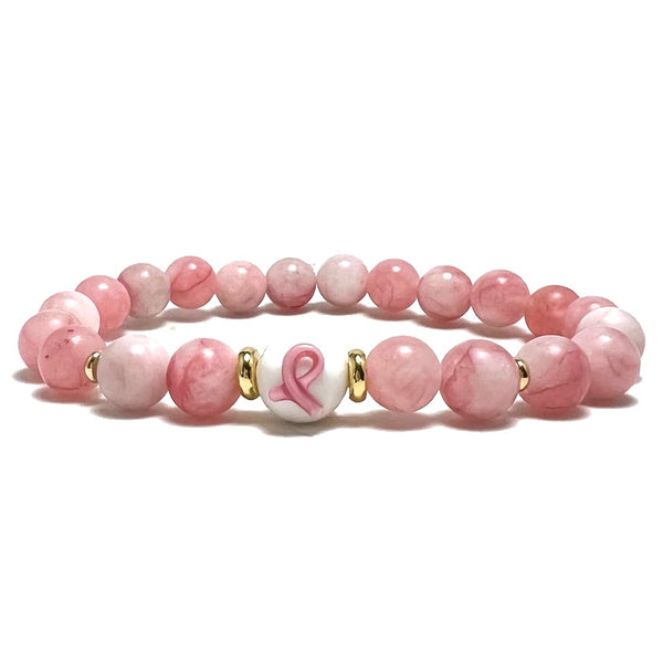Breast Cancer Awareness Frosted Jade Gemstone Stretch Bracelet