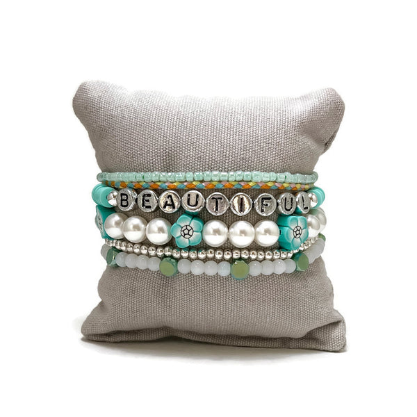 Teal "Beautiful" Happy Stack Stretch Bracelet Set