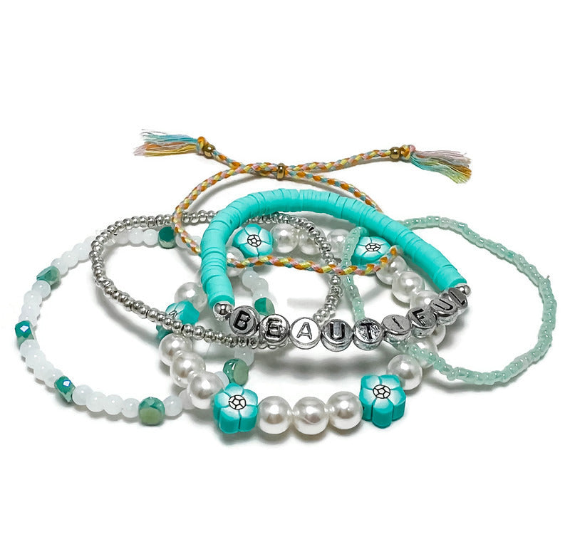 Teal "Beautiful" Happy Stack Stretch Bracelet Set