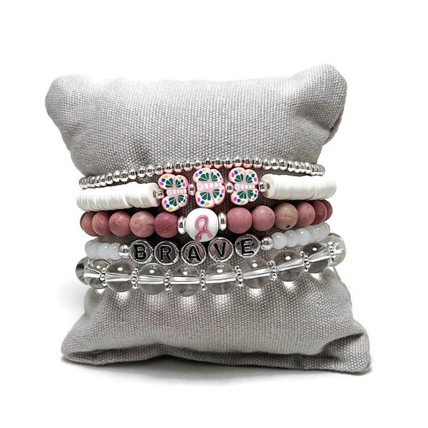Breast Cancer Awareness Happy Stack Stretch Bracelet Set