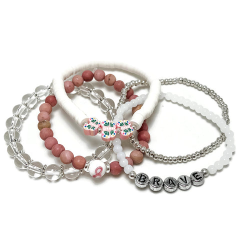 Breast Cancer Awareness Happy Stack Stretch Bracelet Set