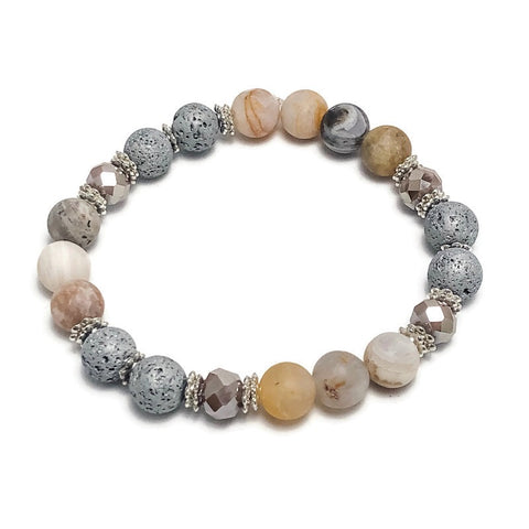 Bamboo Leaf Aromatherapy Silver Lava Bead Stretch Bracelet