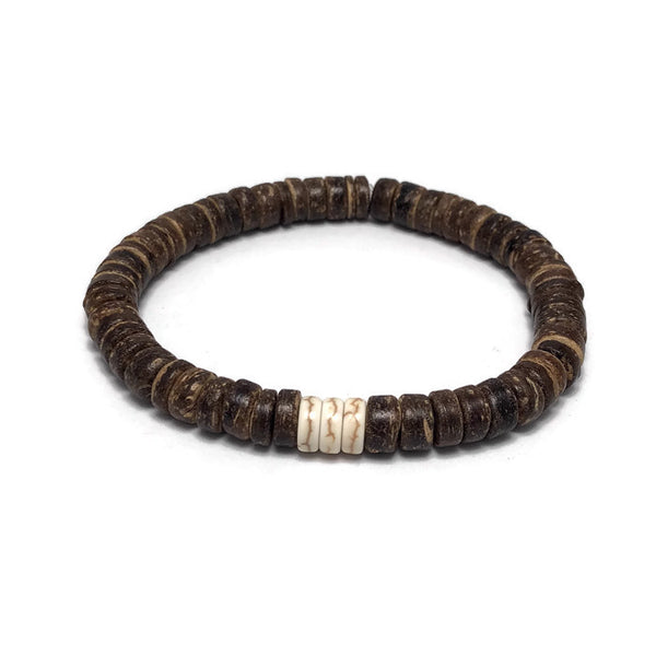Coconut and Heishi Bead Mens Stretch Bracelet