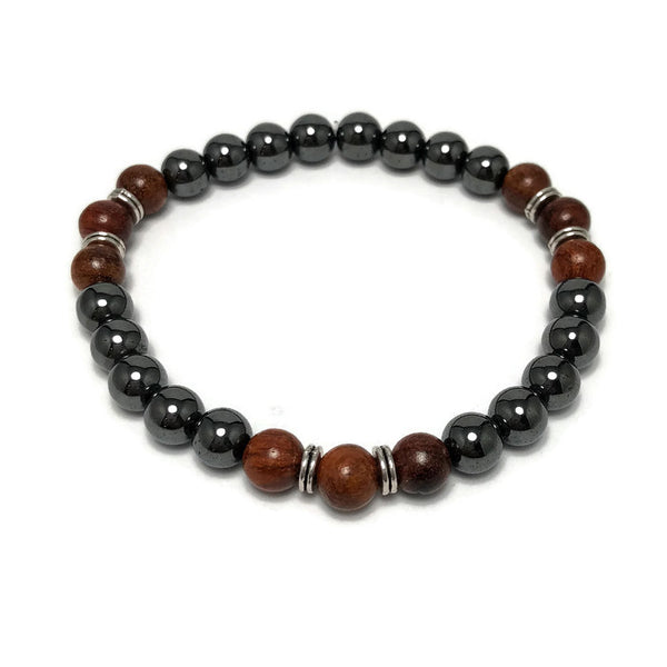 Hematite Style and Sandalwood Mens Stretch Bracelet