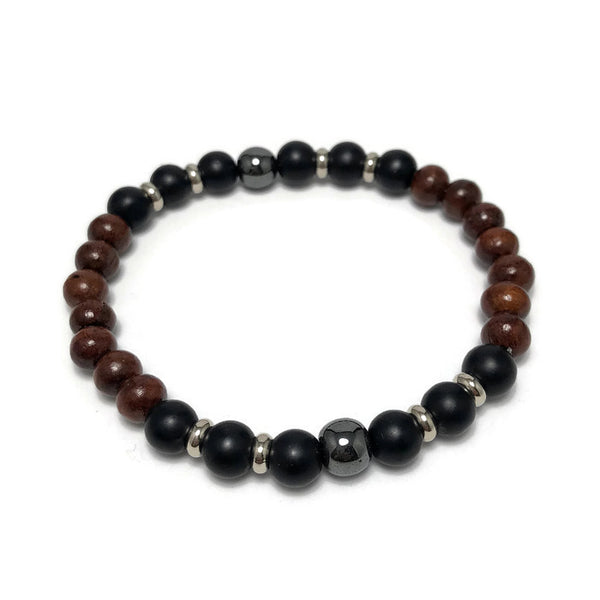 Black Agate and Sandalwood Mens Stretch Bracelet