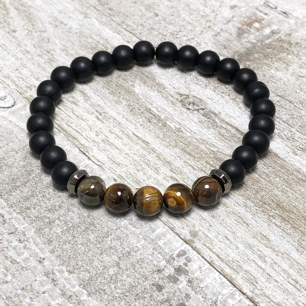 Black Agate and Tiger's Eye Mens Stretch Bracelet