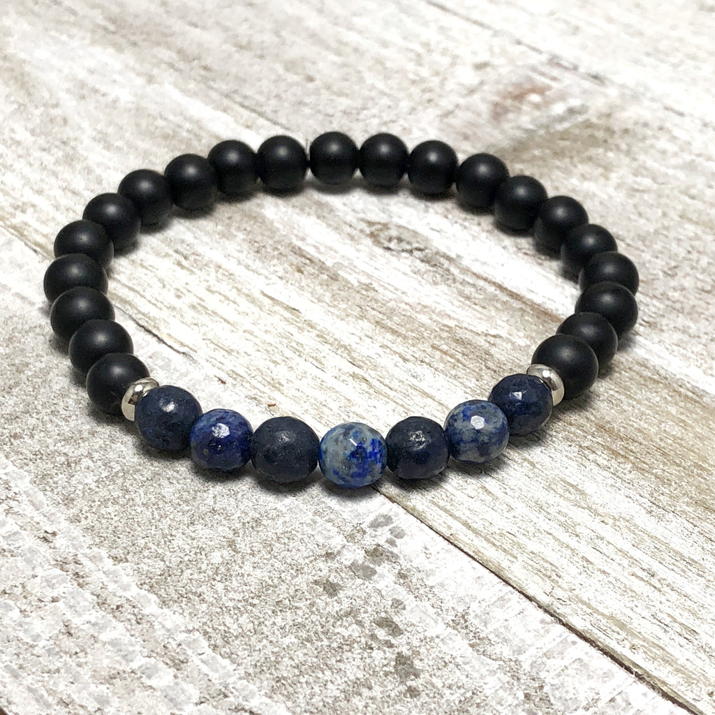 Black and Blue Agate Bead Mens Stretch Bracelet