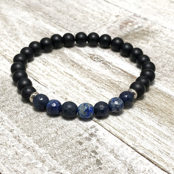 Black and Blue Agate Bead Mens Stretch Bracelet