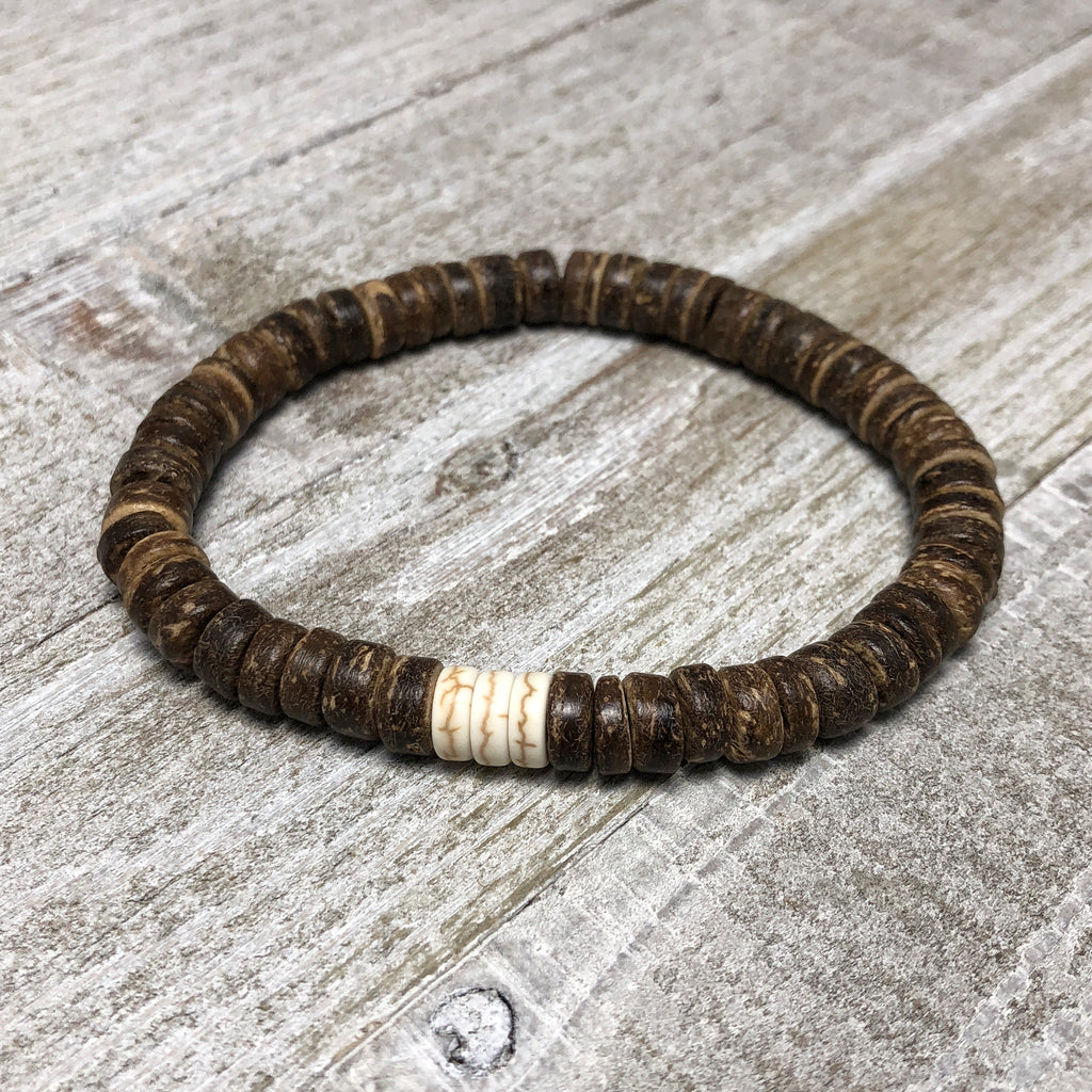 Coconut and Heishi Bead Mens Stretch Bracelet