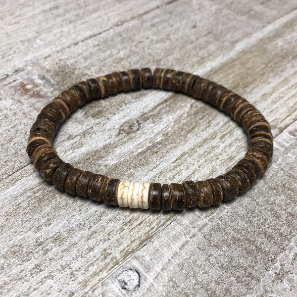 Coconut and Heishi Bead Mens Stretch Bracelet