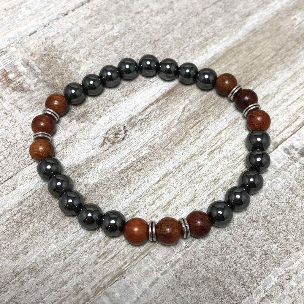 Hematite Style and Sandalwood Mens Stretch Bracelet