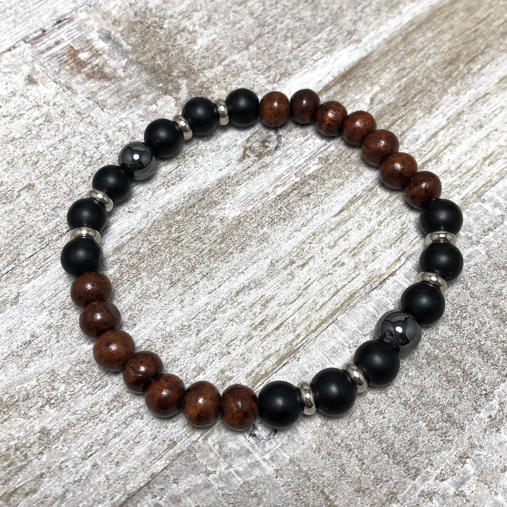 Black Agate and Sandalwood Mens Stretch Bracelet