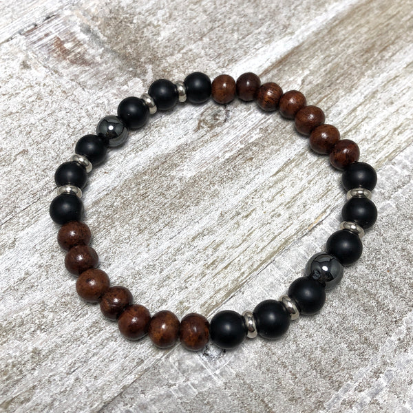 Black Agate and Sandalwood Mens Stretch Bracelet
