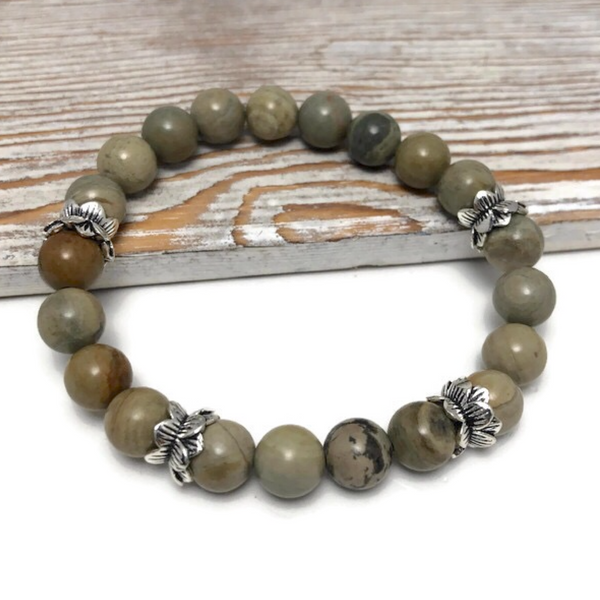 HEALING STONES - Silver Leaf Jasper Agate Womens Stretch Bracelet