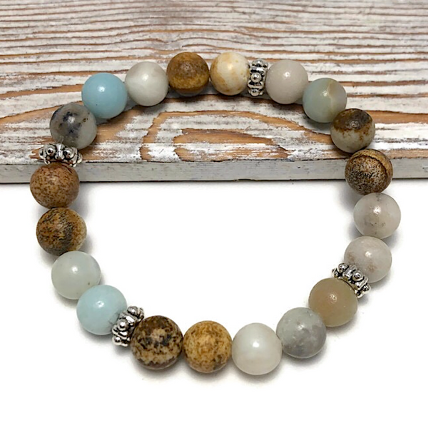 HEALING STONES - Amazonite/Picture Jasper Womens Stretch Bracelet