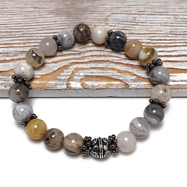 HEALING STONES - Bamboo Leaf Agate Womens Stretch Bracelet