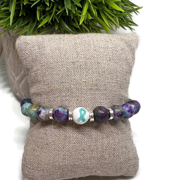 Suicide Prevention Awareness Teal and Purple Ribbon Unisex Mens and Womens Stretchy Bracelet