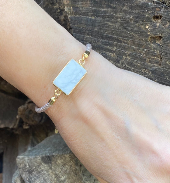 Adjustable Slide Bead Box Chain Gold White Howlite Minimalist Bracelet
