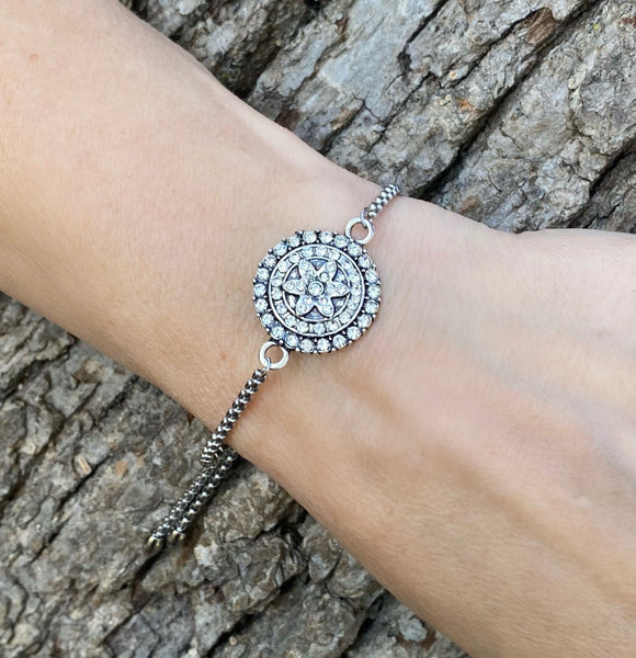 Adjustable Slide Bead Box Chain Silver Glitz and Glam Rhinestone Minimalist Bracelet