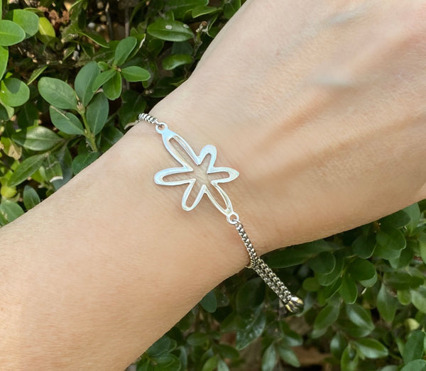 Adjustable Slide Bead Box Chain Silver Elongated Flower Minimalist Bracelet