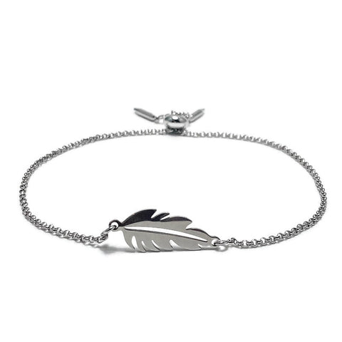 Adjustable Slide Bead Box Chain Silver Etched Boho Feather Minimalist Bracelet
