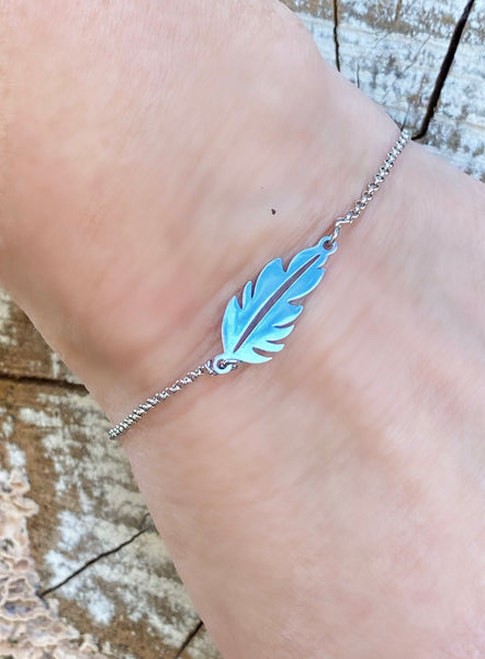 Adjustable Slide Bead Box Chain Silver Etched Boho Feather Minimalist Bracelet