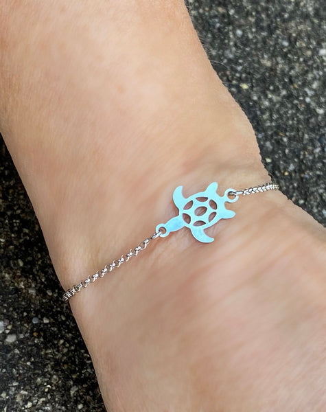 Adjustable Slide Bead Box Chain Silver Etched Turtle Minimalist Bracelet