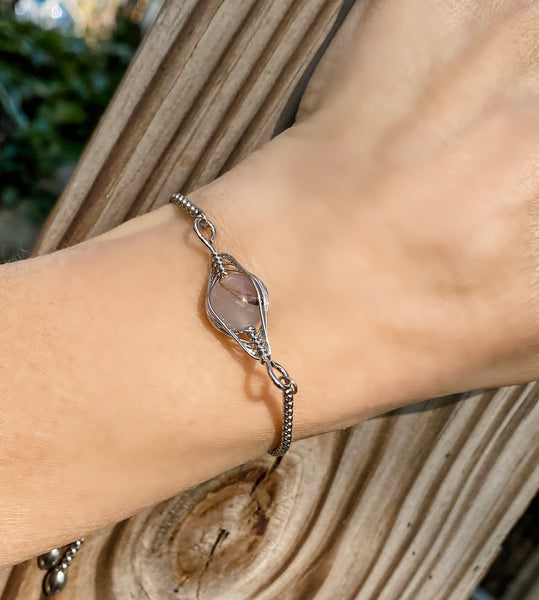 Adjustable Slide Bead Box Chain Silver Wire Wrapped Agate Gemstone Minimalist Bracelet