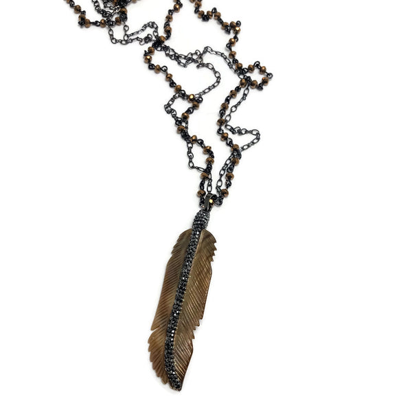 Bohemian Abalone Shell Feather Pendant Necklace
