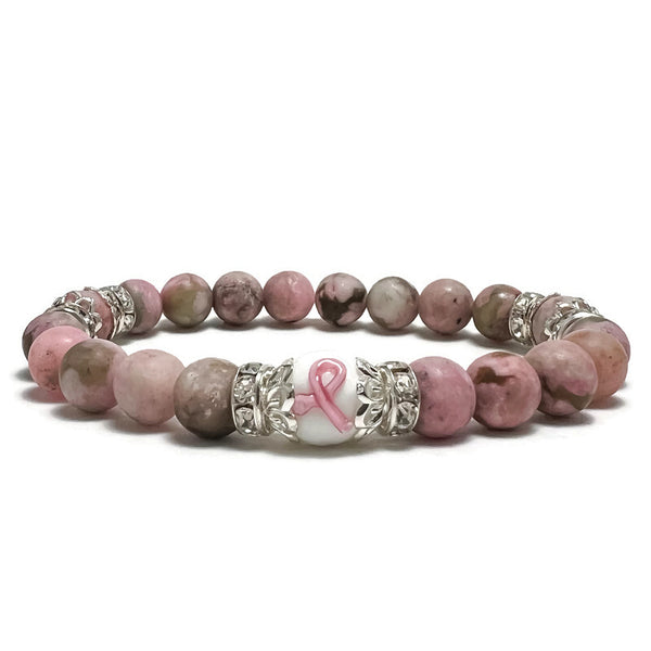 Breast Cancer Awareness Frosted Agate Gemstone Stretch Bracelet