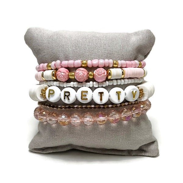Happy Stack Pink Breast Cancer Awareness "Pretty" Stretch Bracelet Set
