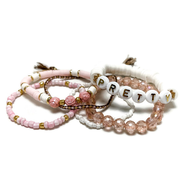 Happy Stack Pink Breast Cancer Awareness "Pretty" Stretch Bracelet Set