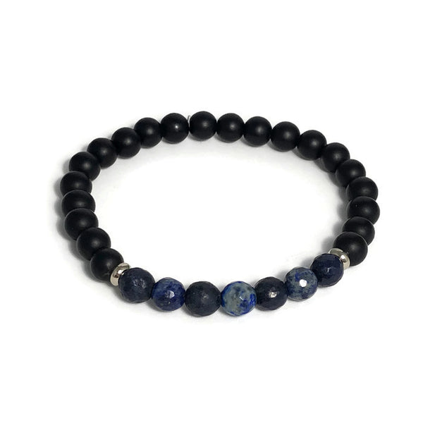 Black and Blue Agate Bead Mens Stretch Bracelet
