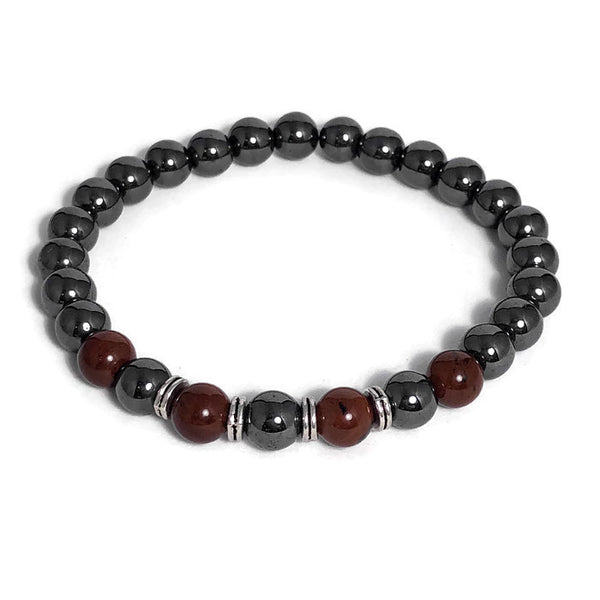 Hematite Style and Agate Bead Mens Stretch Bracelet