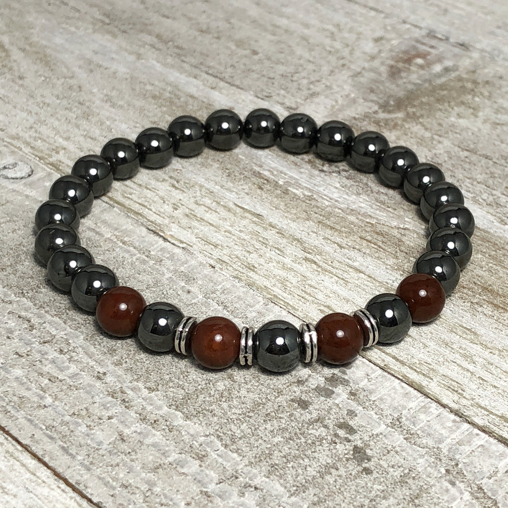 Hematite Style and Agate Bead Mens Stretch Bracelet