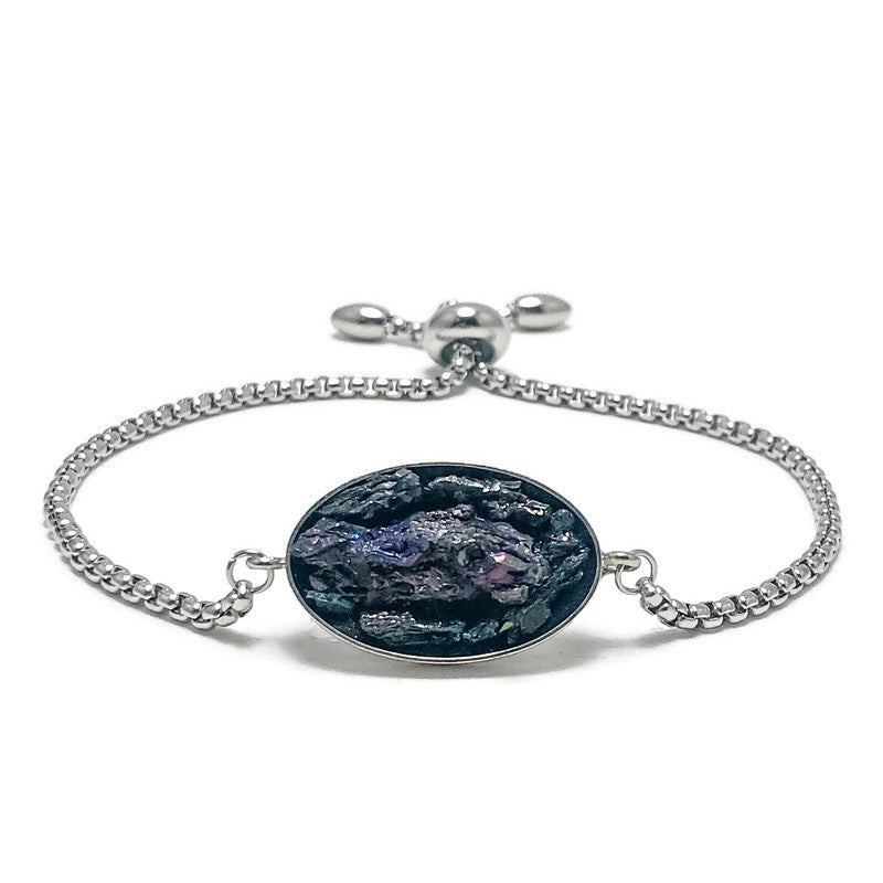 Adjustable Slide Bead Box Chain Silver Iridescent Druzy Gemstone Minimalist Bracelet