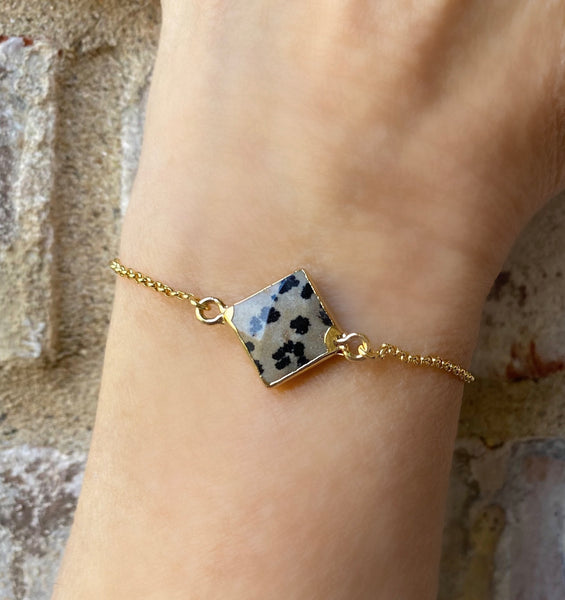 Adjustable Slide Bead Box Chain Gold Dalmatian Jasper Gemstone Minimalist Bracelet