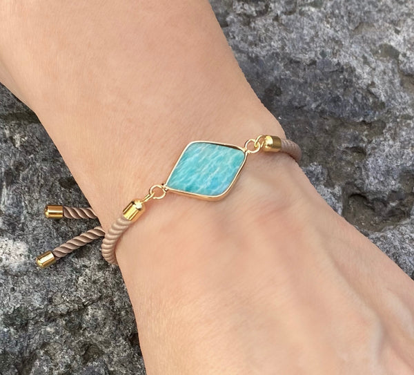 Adjustable Slide Bead Box Chain Gold Amazonite Gemstone Minimalist Bracelet