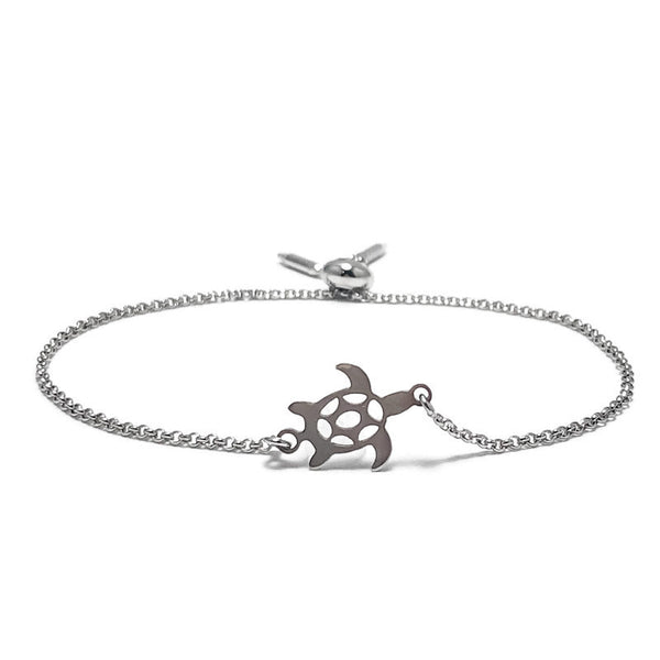 Adjustable Slide Bead Box Chain Silver Etched Turtle Minimalist Bracelet