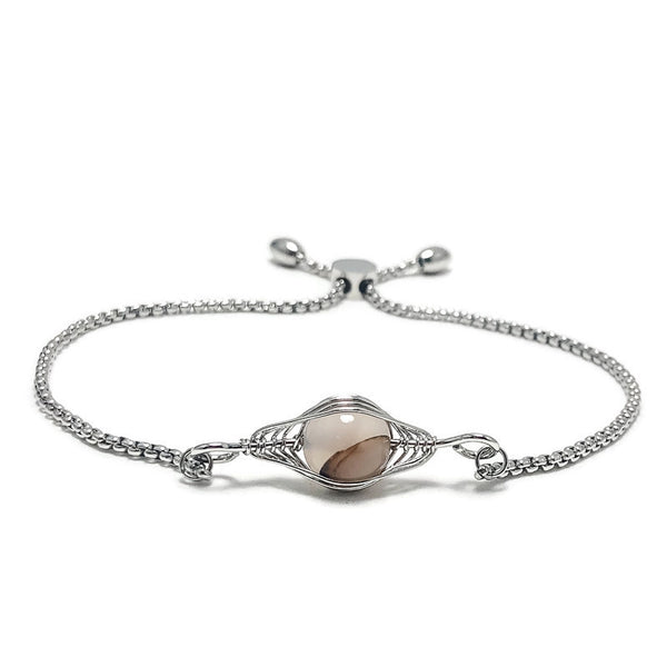 Adjustable Slide Bead Box Chain Silver Wire Wrapped Agate Gemstone Minimalist Bracelet